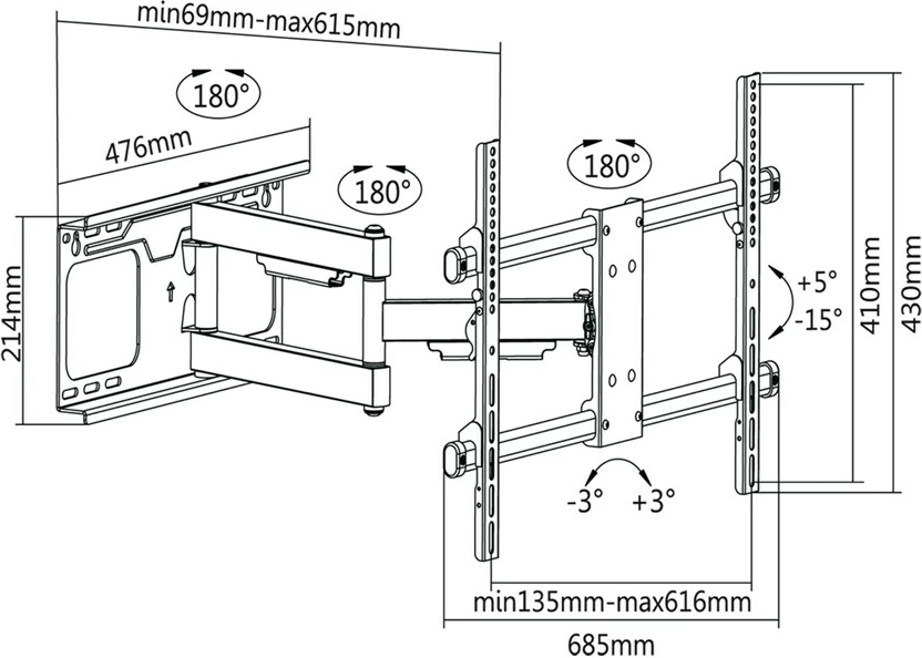 Mbajtës muri për TV Cabletech UCH0205, 37-70 inç, VESA 600x400, i zi