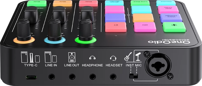 Mikser audio me kartë zanore USB-C OneOdio Solocaster, 24-bit/48kHz, 48V phantom, RGB, e zezë, set