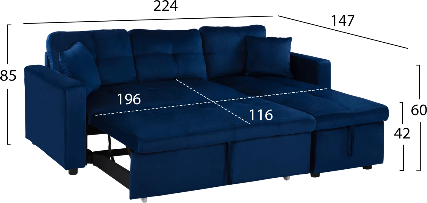 Divan qoshe që bëhet shtrat Wayne 224x147x85 FH3028.18 Kadife Blu