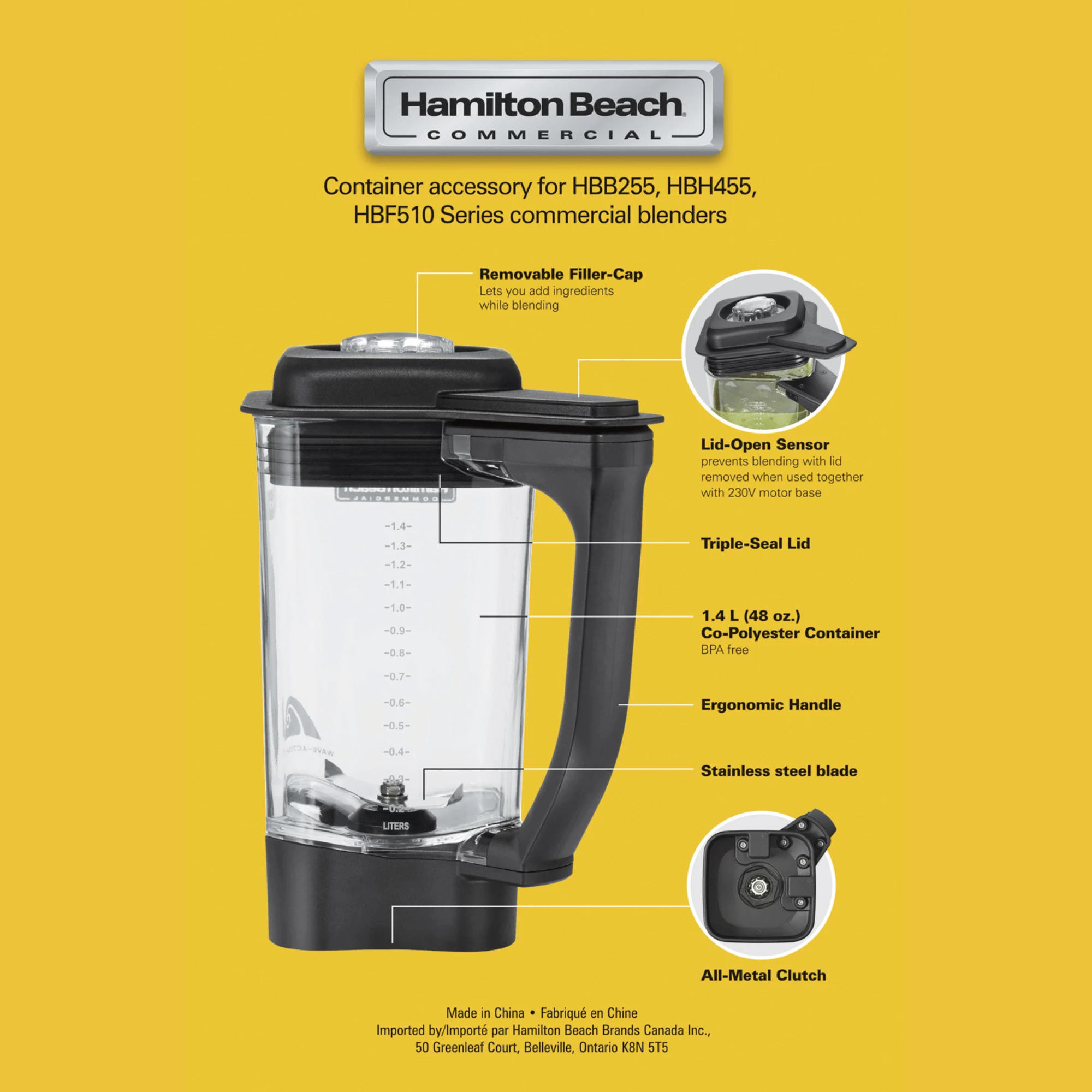 Enë blenderi Hamilton Beach Commercial për Rio, Tango, Expeditor (HBB255/HBH455/HBF510), 1.4 L Tritan BPA-free, me teh inox, transparente