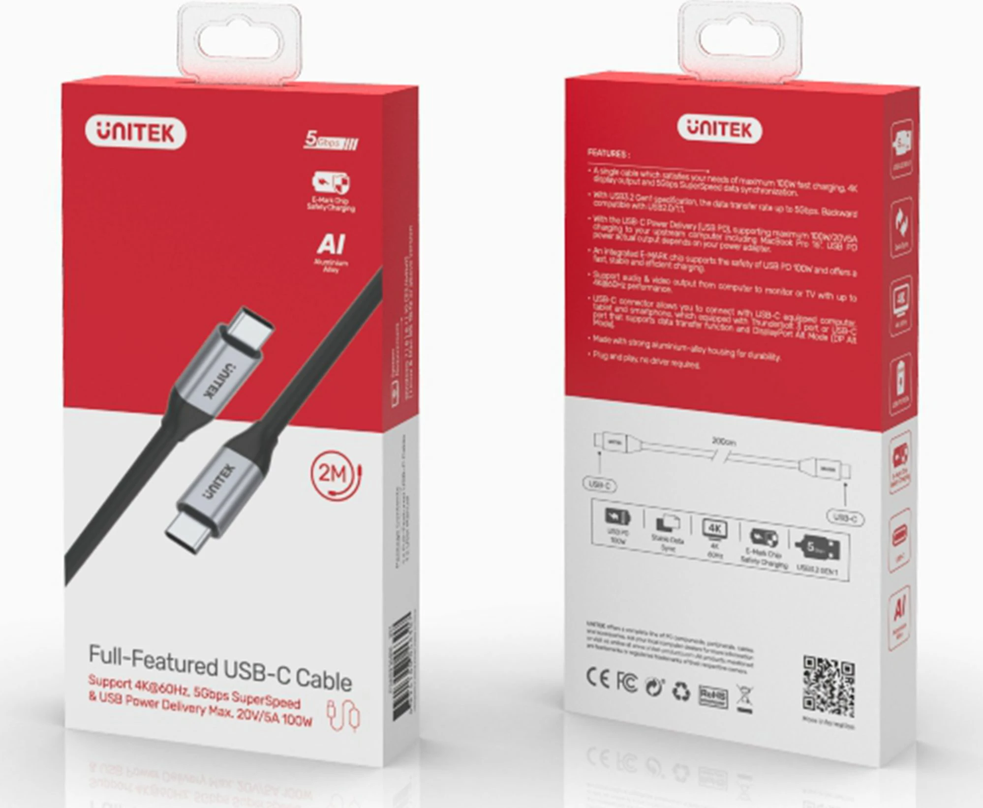 Kabllo USB-C në USB-C Unitek C14091ABK 2 m USB 3.1 Gen 1, 100 W PD, 4K@60Hz, argjendtë