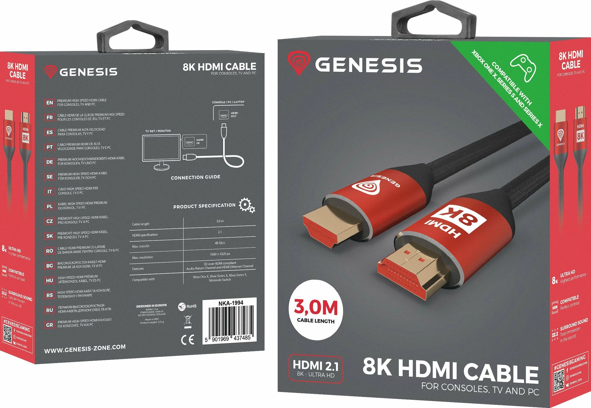 Kabllo HDMI Genesis NKA-1994, 3m, HDMI 2.1 8K 48Gbps, eARC, e zezë