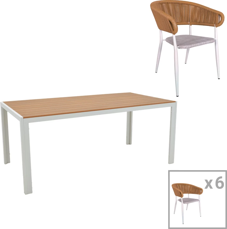 Tavolinë me karrige Nares-Raven B set prej 7,, alumin dhe dru, ngjyrë bardhë dhe natyrale, 180x90x72.5cm