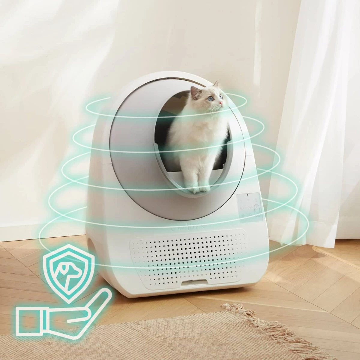 Kuti inteligjente vetëpastruese për rërë maceje Catlink Luxury Pro-X 57 L, 13 L depo mbetjesh, e bardhë, set me 3 qese + 2 filtra