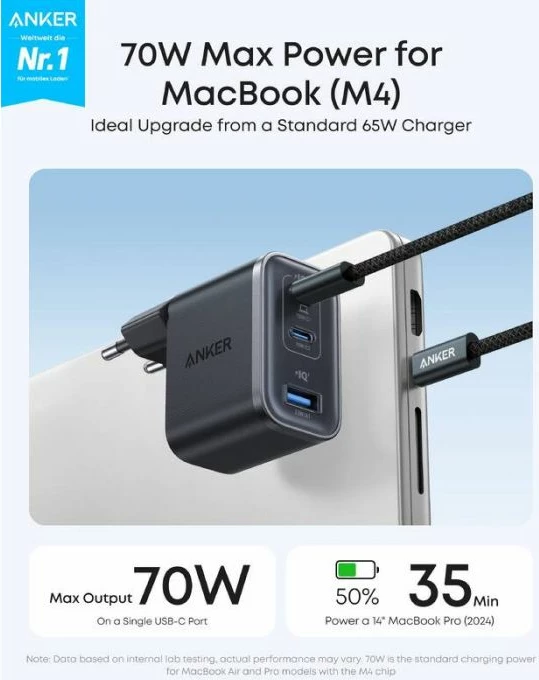 Karikues ANKER Nano A121AL11 70W 3-portësh me kabllo USB-C 1.5m, i zi