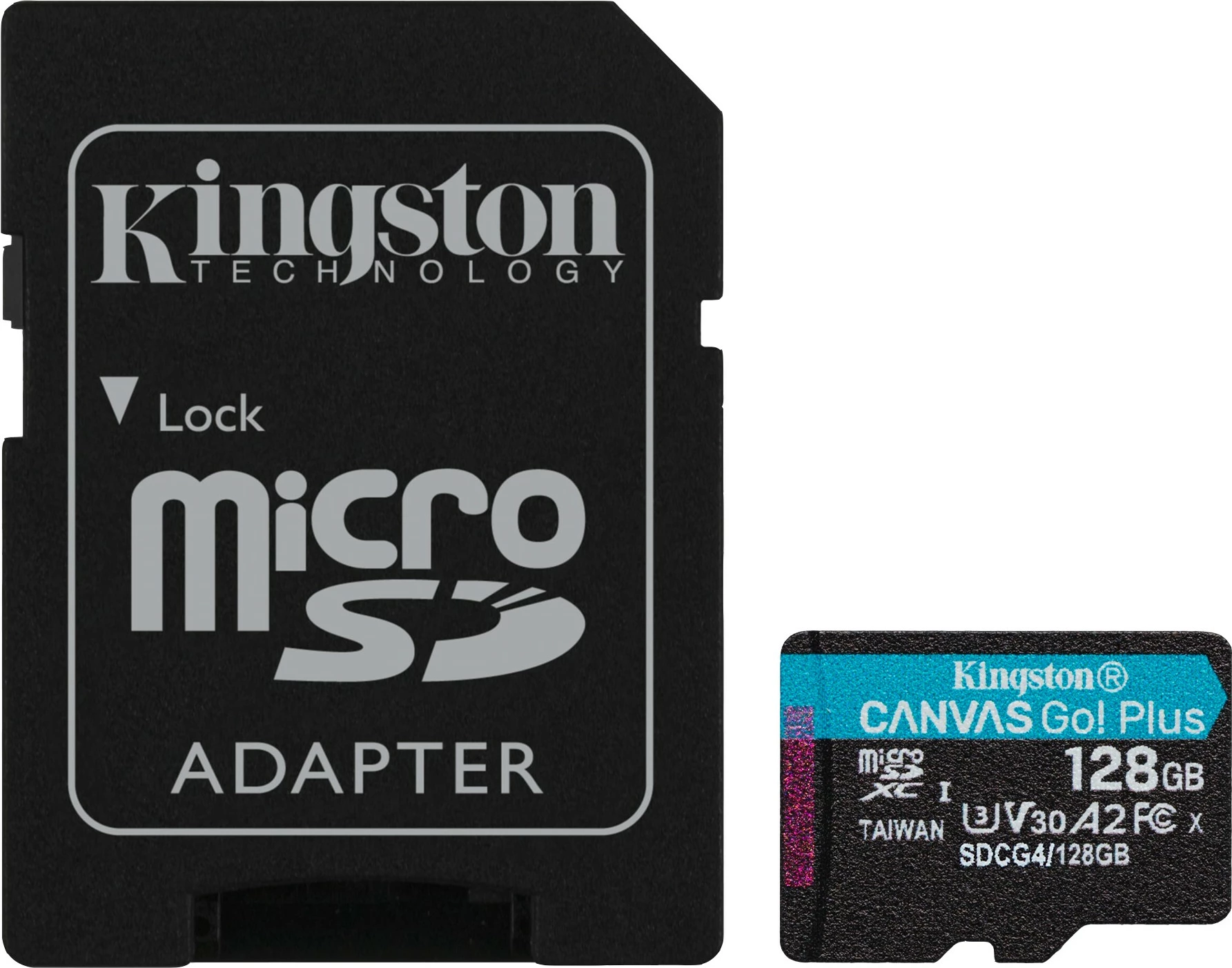 MicroSD kartelë Kingston Canvas Go Plus 128GB, A2, U3, V30, me adapter, e zezë/turkeze