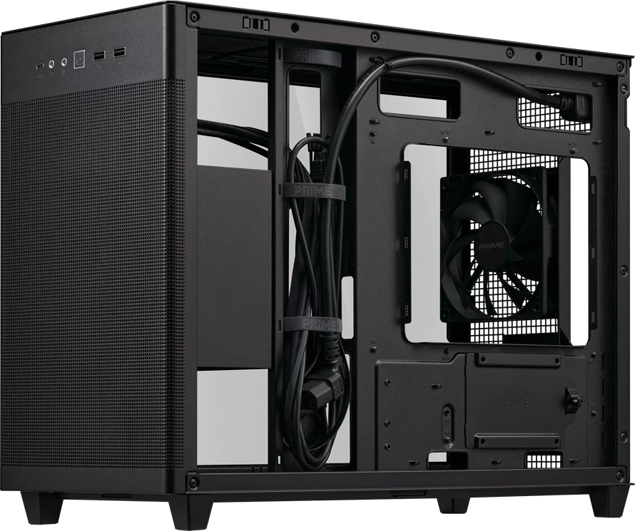 Kasë ASUS Prime AP201 MicroATX, tempered glass, 33 L, mbështetje radiator 360 mm, e zezë