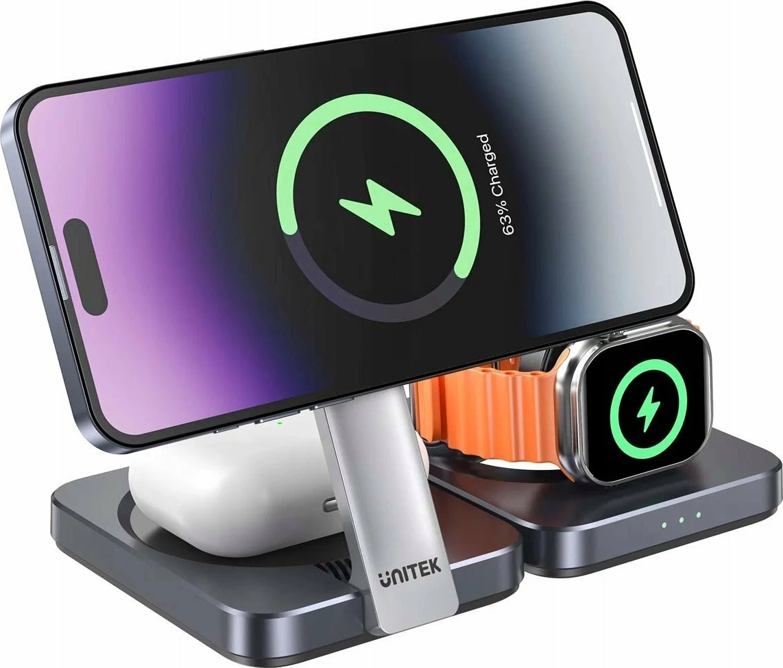 Stacion karikimi Unitek P1300AGY01 3-në-1 Qi2 15W me kabllo USB-C 1.5 m, gri