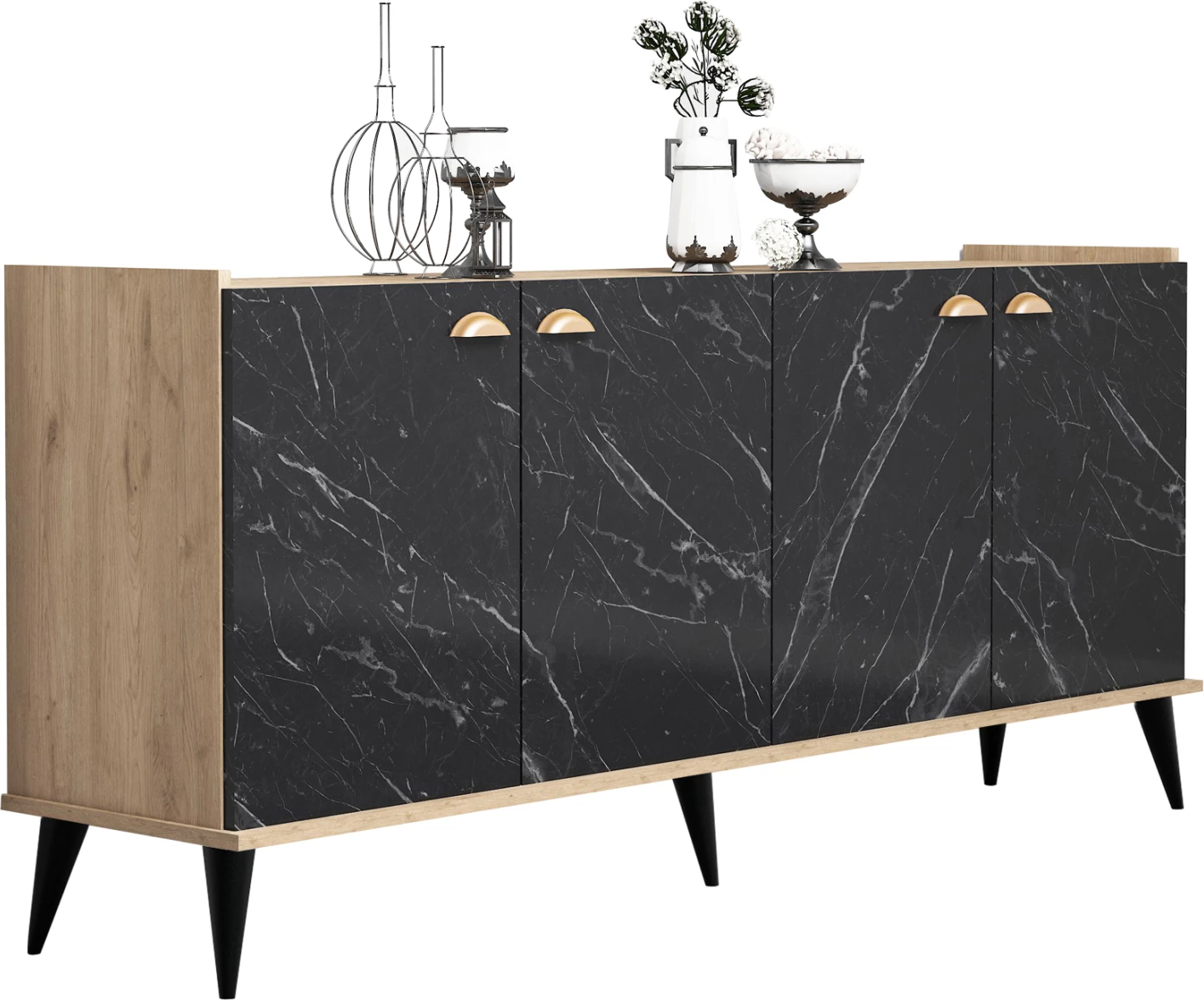 Bufe melamine, hije druri natyral - pamje mermeri të zi, FH9045.01, 180x41x77,8Y cm