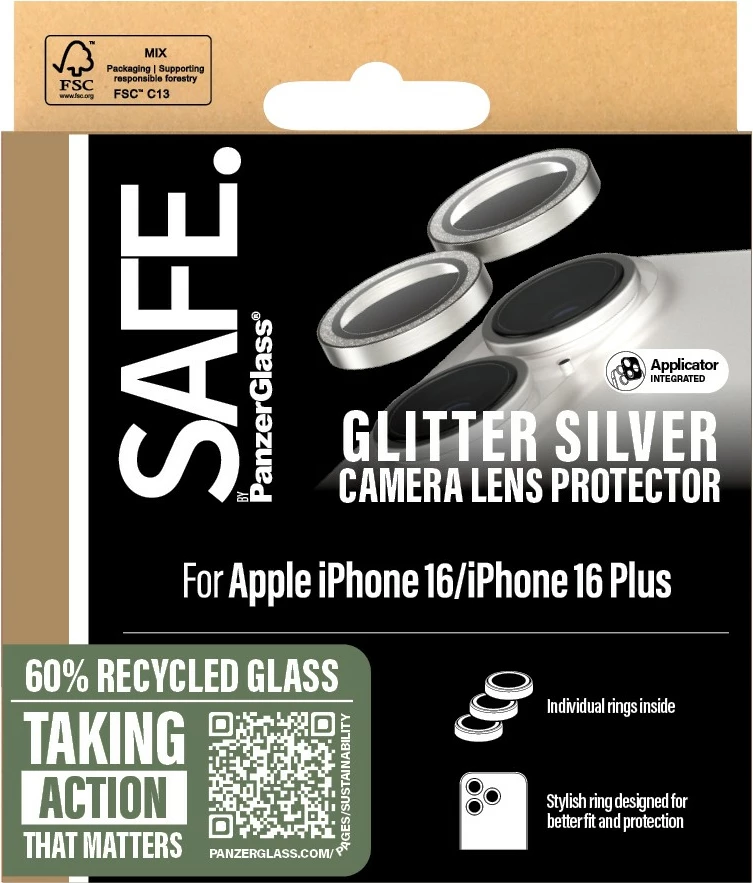 Mbështjellës kamerë PanzerGlass për iPhone 16/16 Plus, glitter silver