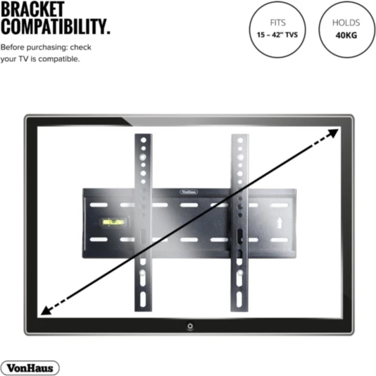 Mbajtëse fikse muri për TV VONHAUS 05/022, 15-42\", deri 40 kg, VESA 50x50-300x200, 27 mm, e zezë, me set vida