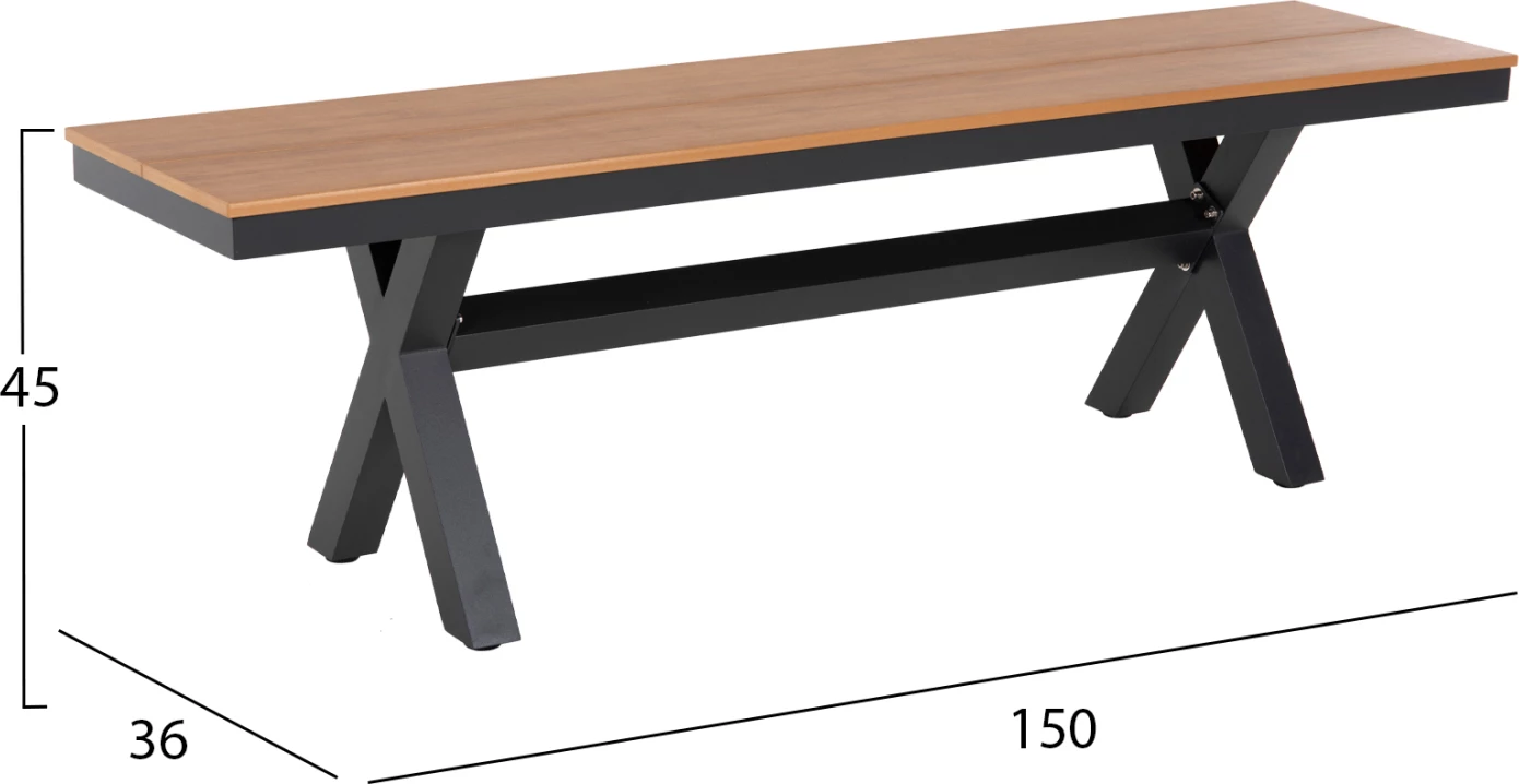 Stol alumini për jashtë, ngjyrë antracit, FH6038.01, me sipërfaqe tavoline polivudi, ngjyrë druri natyral, 150x36x45H cm