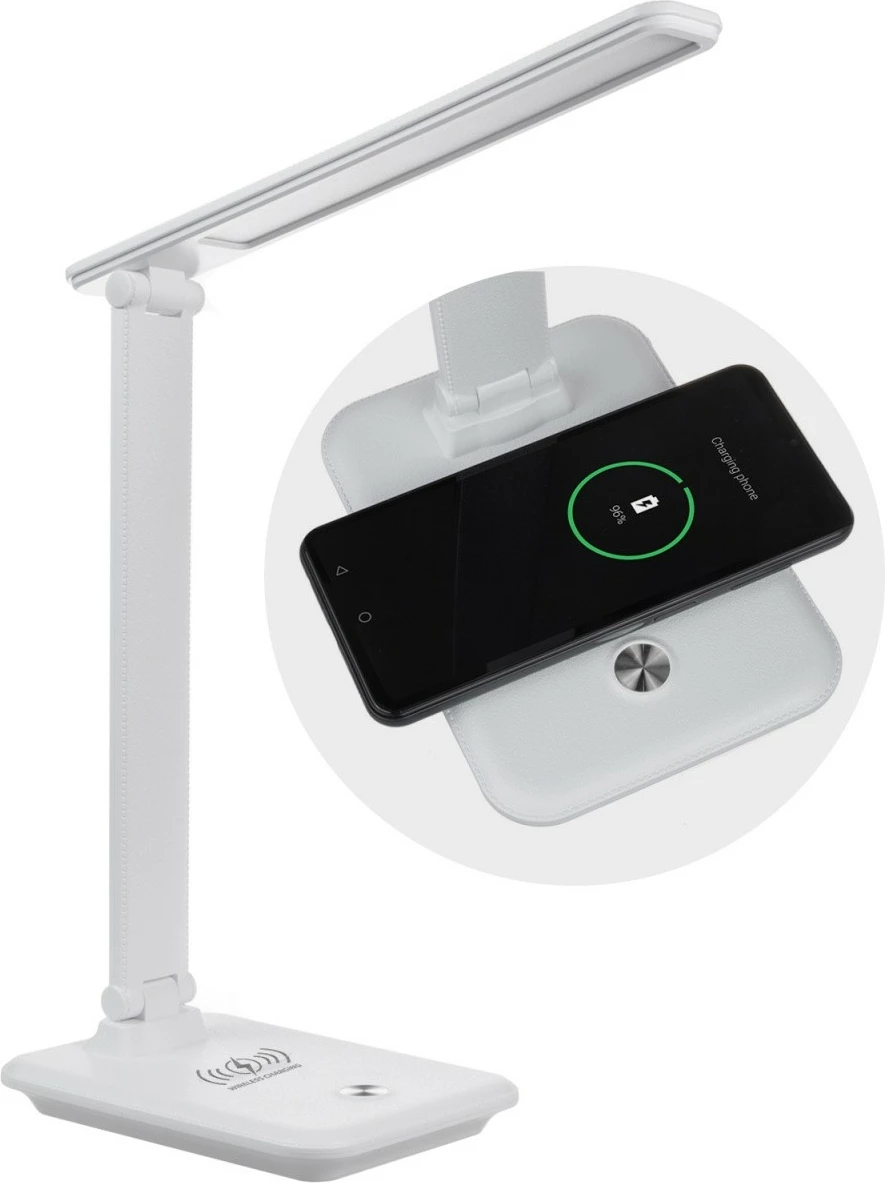 Lampë tavoline LED Maclean MCE616W, 9W, me karikues wireless Qi, E bardhë