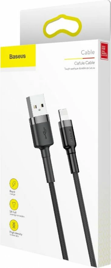 Kabllo USB-A në Lightning Baseus 0.5 m 2.4A USB 2.0, e thurur najlon, zi-gri