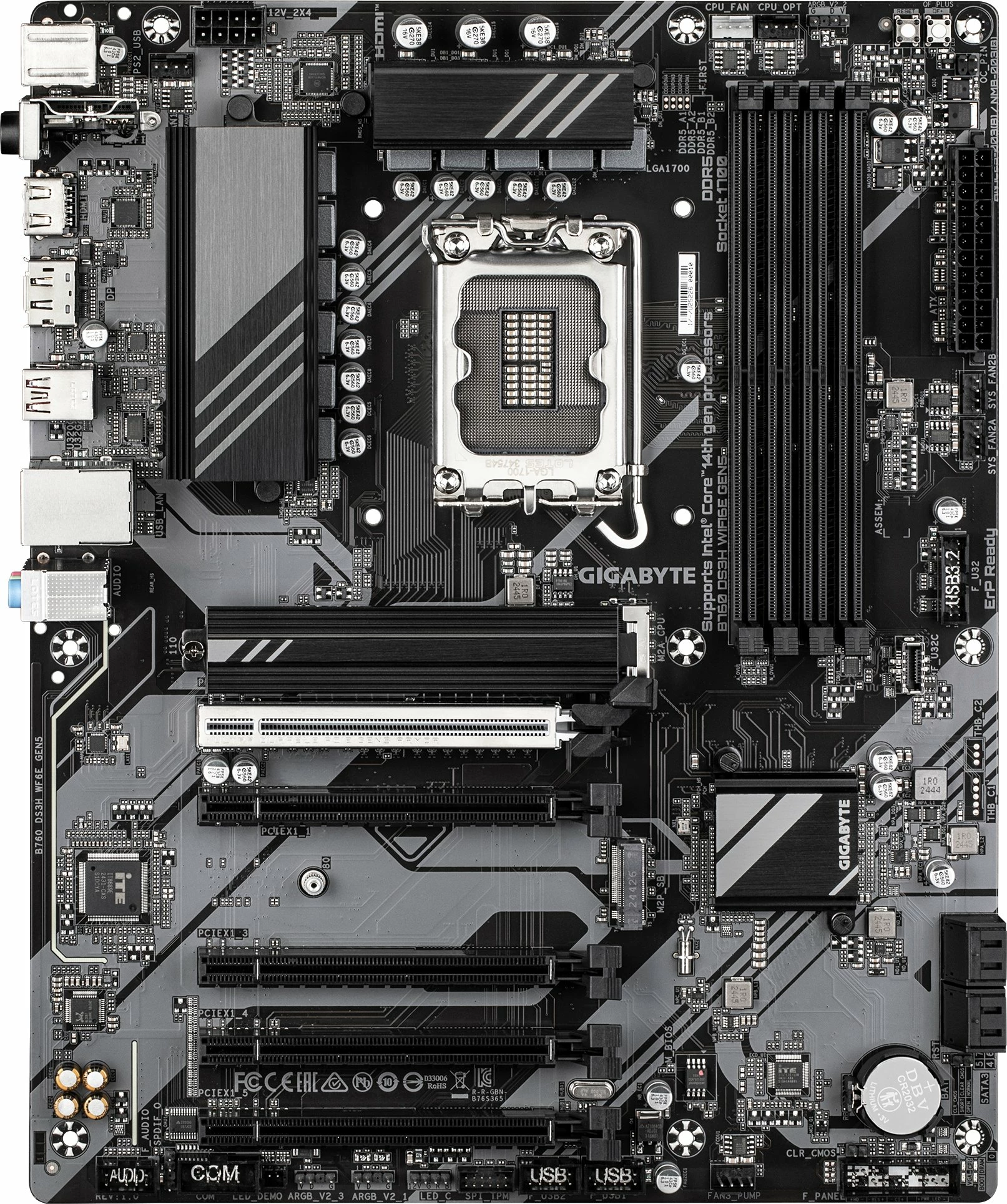 Pllakë amë Gigabyte B760 DS3H WF6E GEN5 DDR5 ATX Wi‑Fi 6E, e zezë-argjendtë
