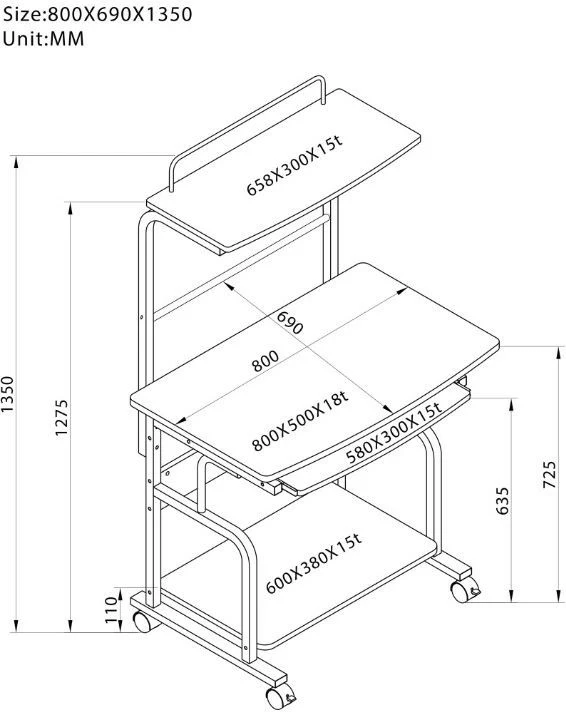 Biurko kompjuterike Techly ICA-TB 7800BK me rafte, e zezë/çelik