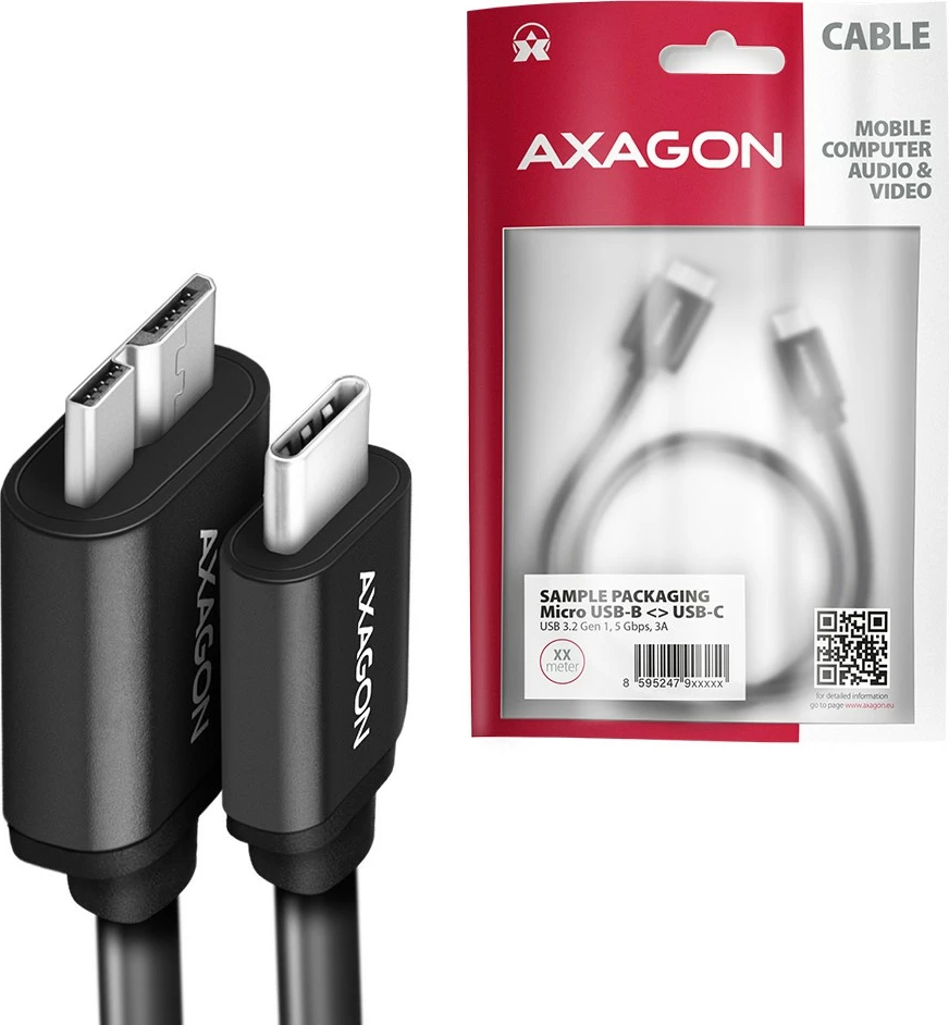 Kabllo AXAGON BUMM3-CM10AB, Micro-B USB në USB-C, 1m, 3A, e zezë