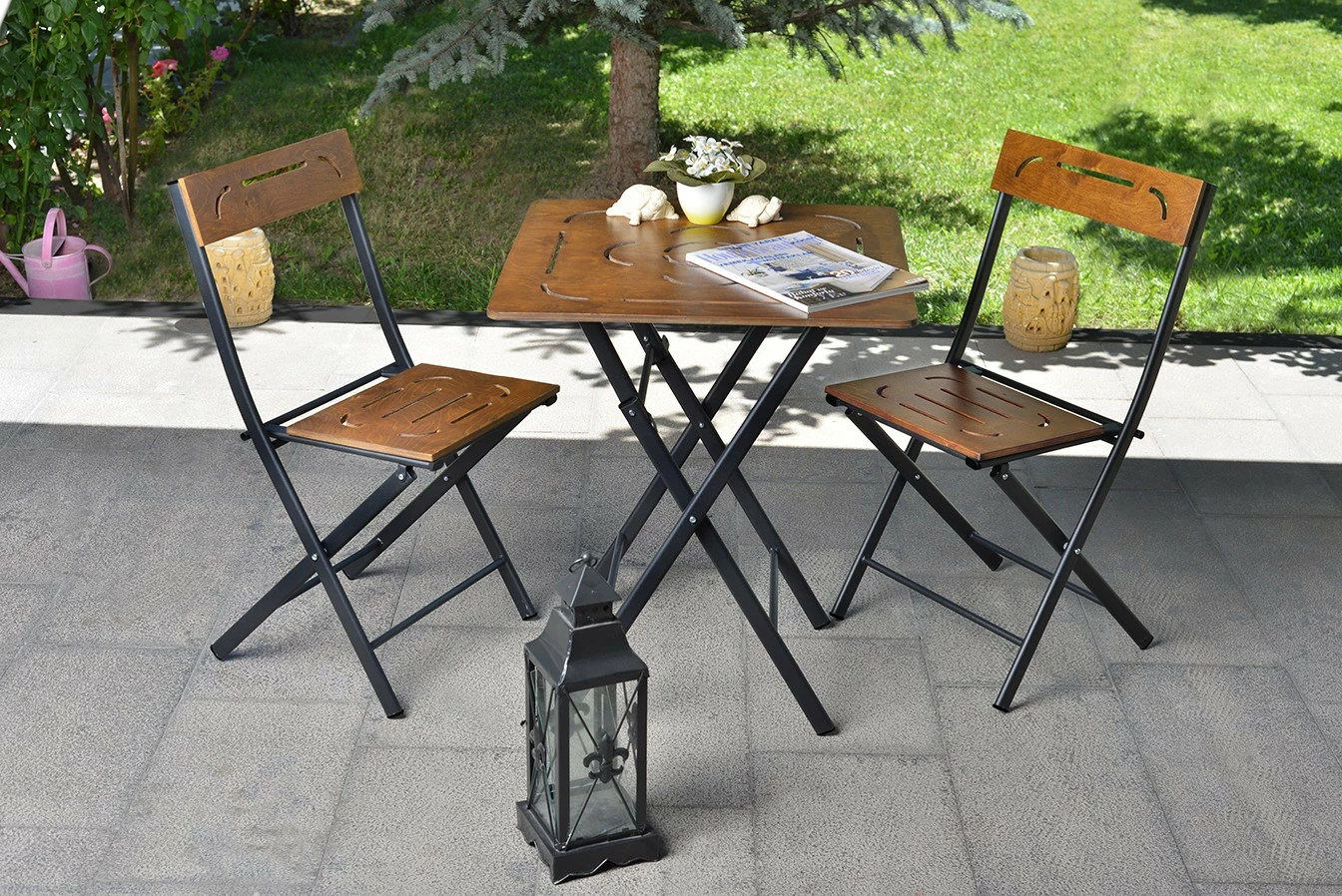 Set tavoline me karrige për terasë, 3 pjesë, ngjyrë arre dhe e zezë, Hanah Home, Bistro Set 3