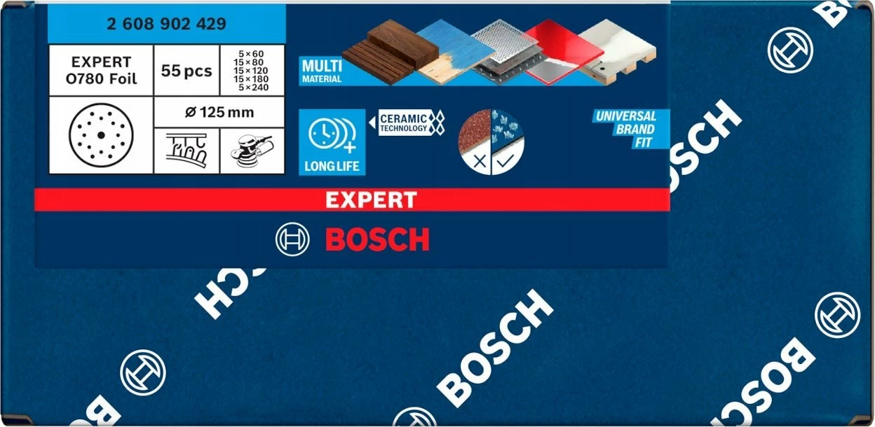 Disk zmerile Bosch Expert O780 125mm, me velkro, set 55 copë (G60/G80/G120/G180/G240)