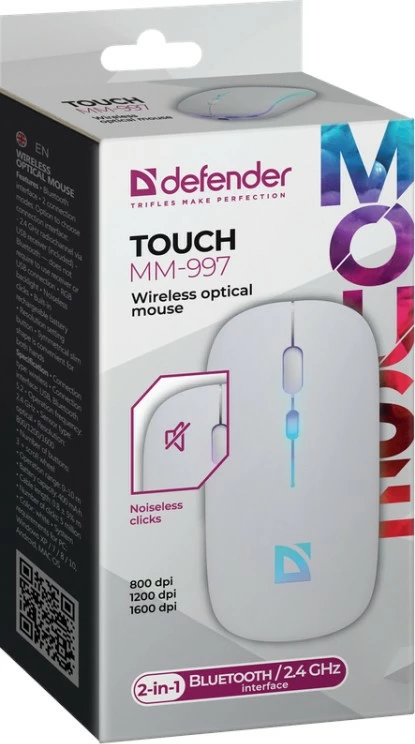 Maus wireless Defender TOUCH MM-997, RGB, 800/1200/1600 DPI, i bardhë