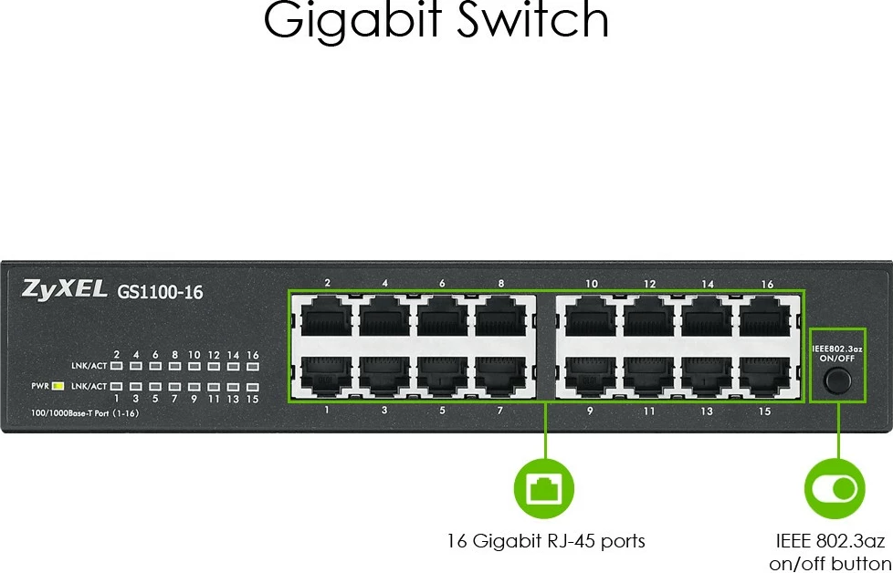 Switch Zyxel GS1100-16, Unmanaged, Gigabit Ethernet, Montim në rack, Montim në mur