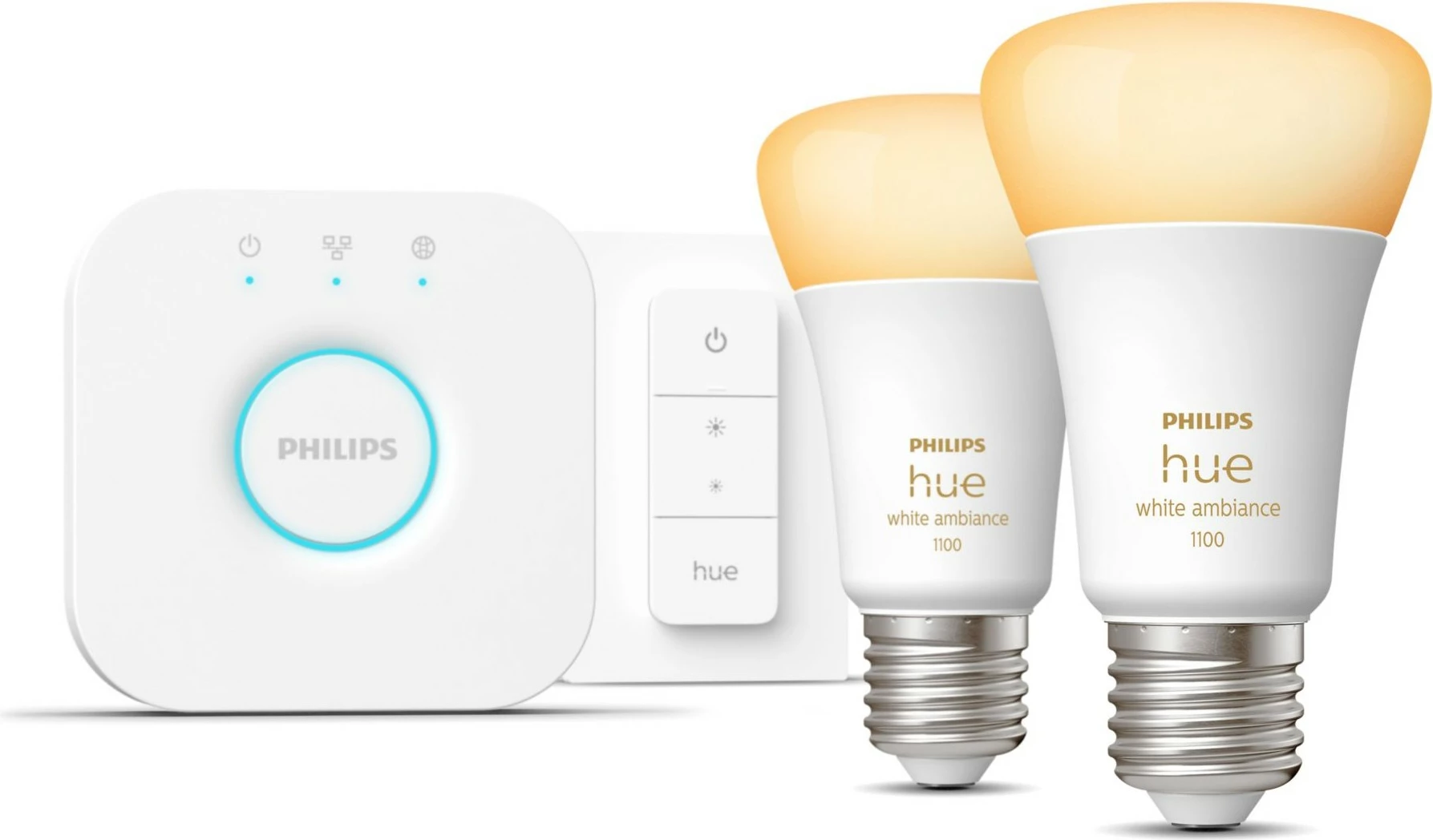 Kit ndriçimi i mençur Philips Hue White ambience, 2 llamba E27 (1100) + switch dimmer, Bluetooth/Zigbee, LED, E27, A60, Bardhë