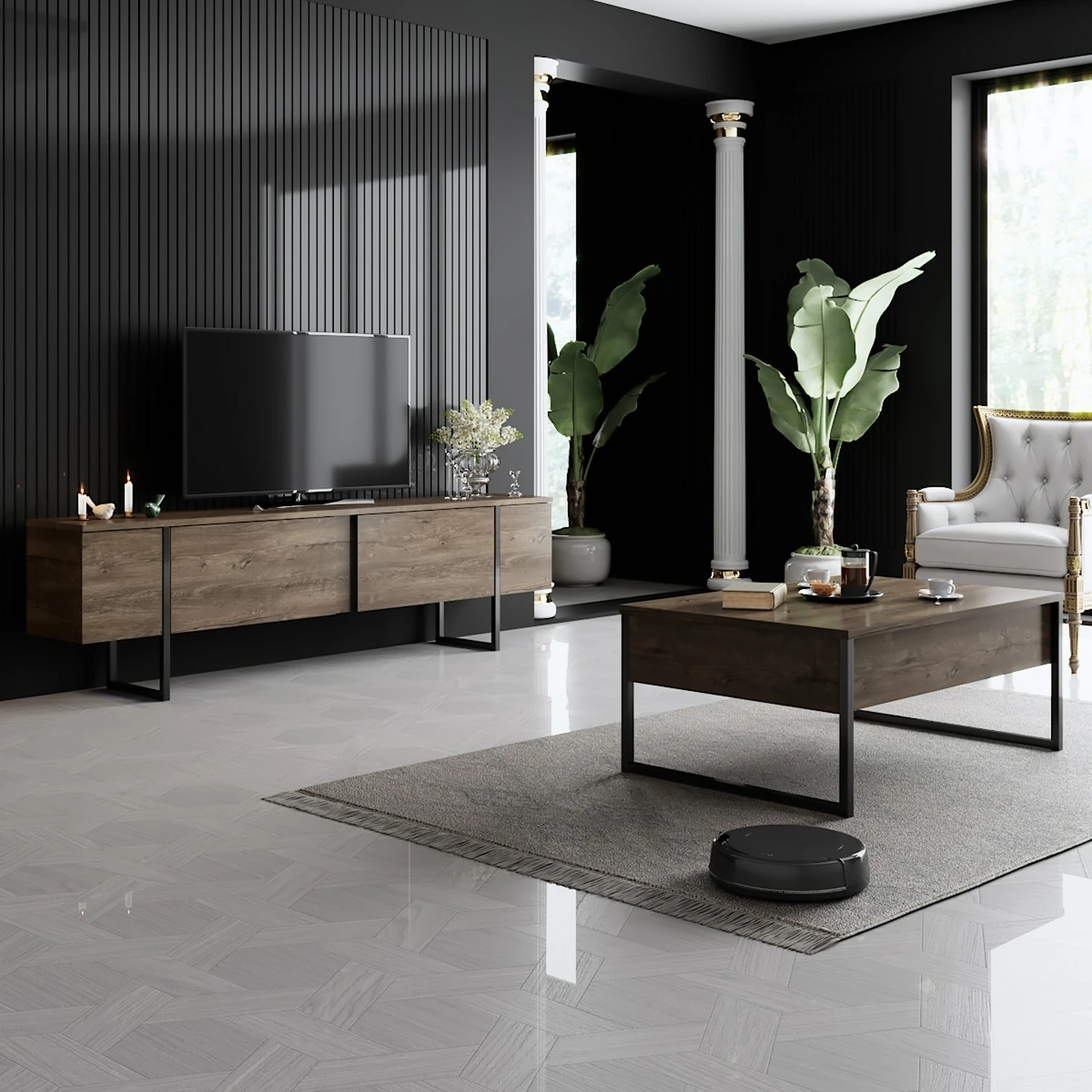Komodë televizori Hanah Home, Luxe, ngjyrë arre dhe e zezë