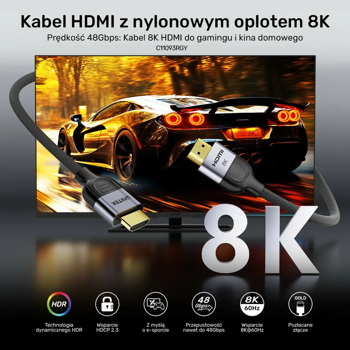 Kabllo HDMI Unitek HDMI 2.1 LUX 1.5m, 8K, zezë-gri