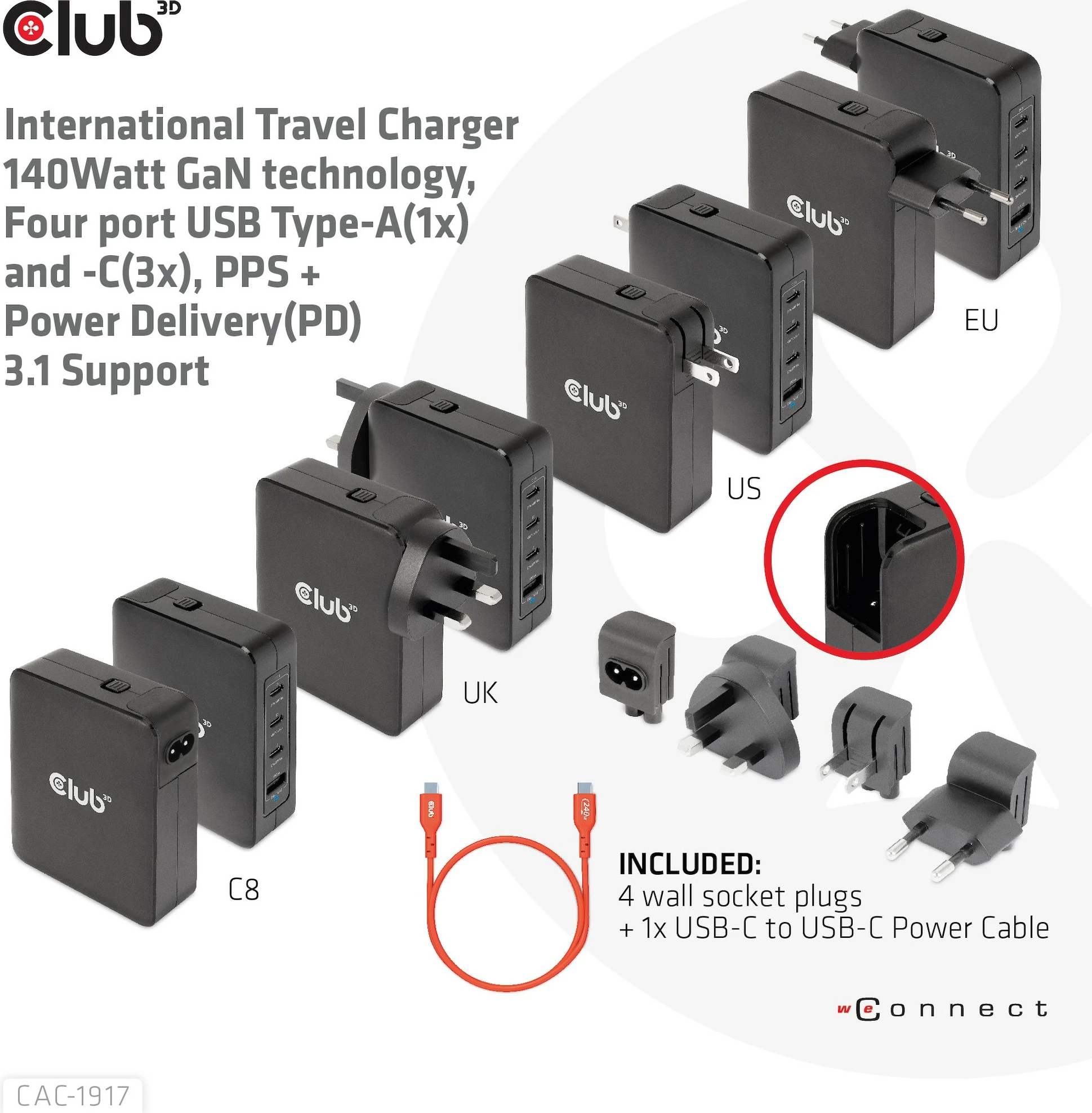 Karikues universal Club3D CAC-1917, 3x USB-C, 1x USB-A, 140W, GaN, i zi