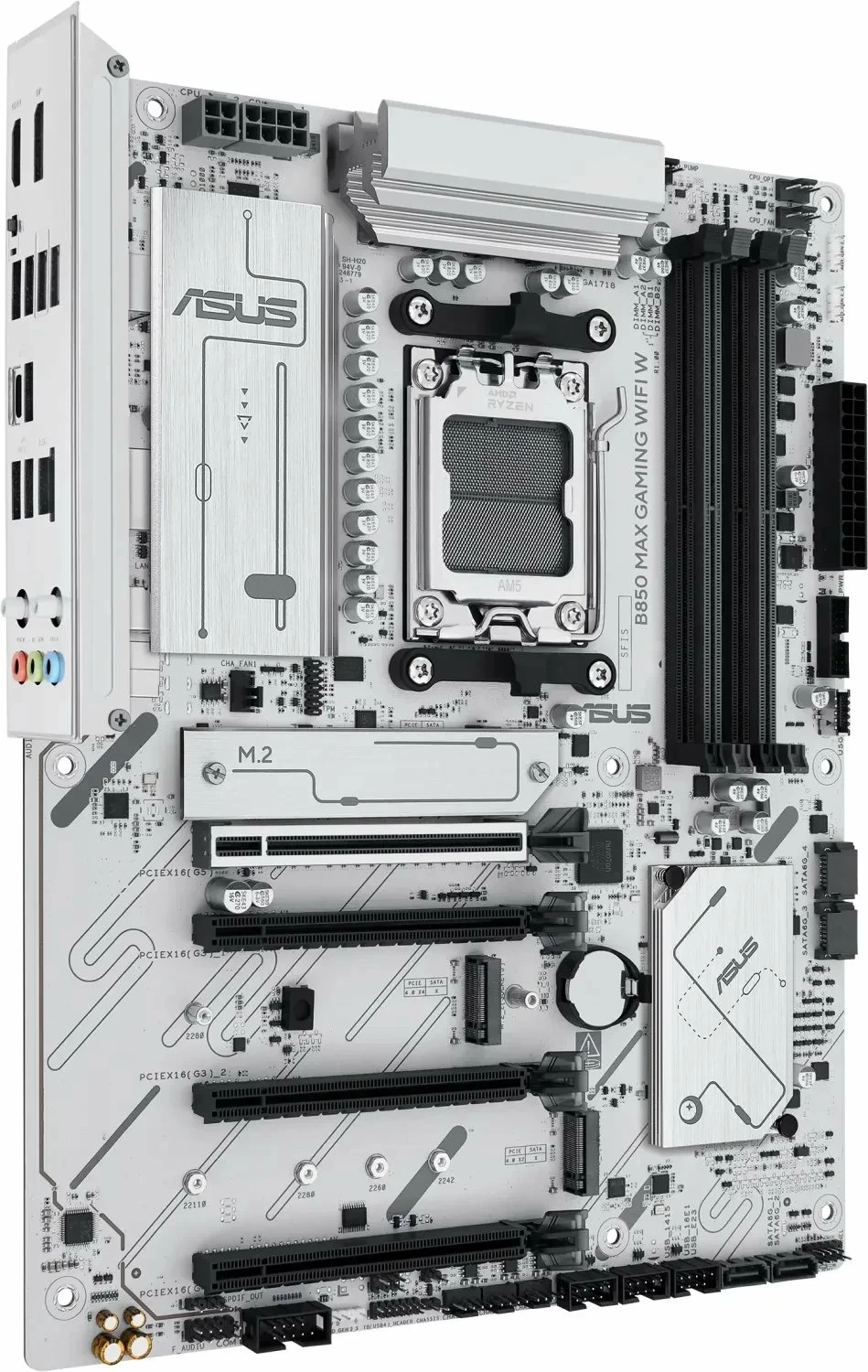 Pllakë amë Asus B850 MAX GAMING WIFI W ATX DDR5 deri 256GB, Wi‑Fi 6E/Bluetooth, e bardhë, me antenë WiFi dhe 2x kabllo SATA