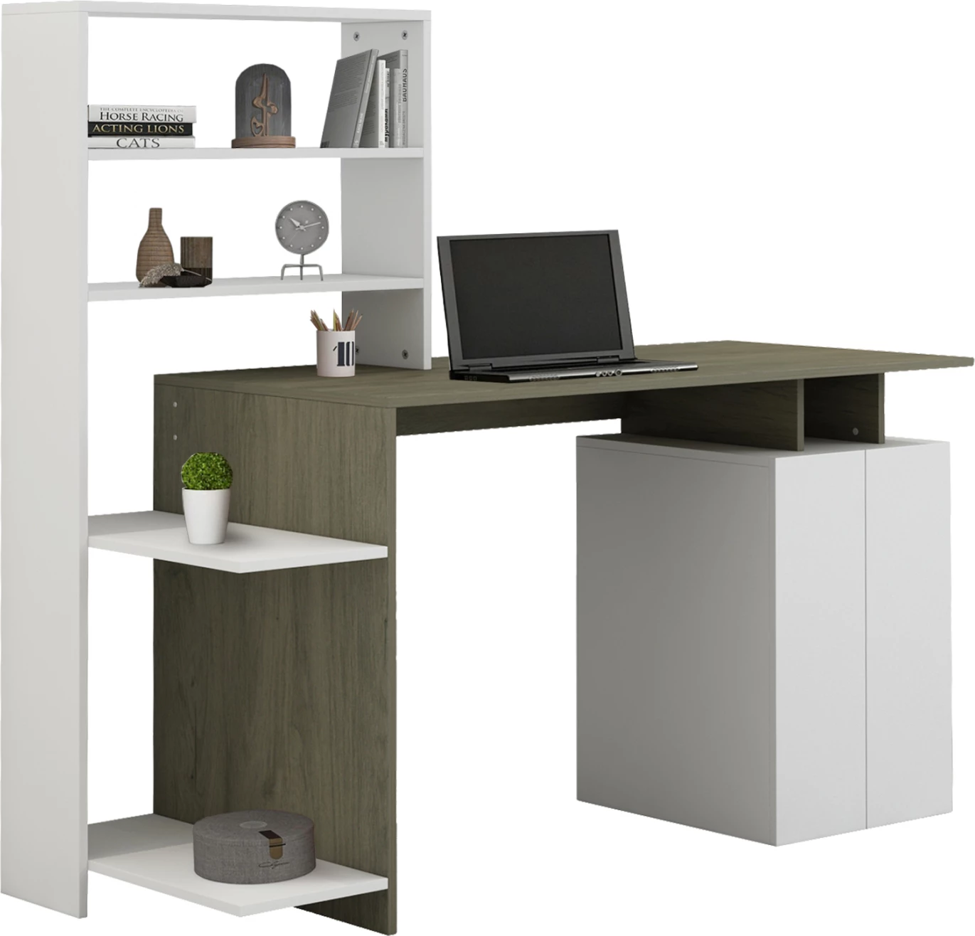 Tavolinë pune me raft ROCHELL melaminë ngjyrë ulliri dhe e bardhë 146,3x55x128,8H cm. FH8886.11