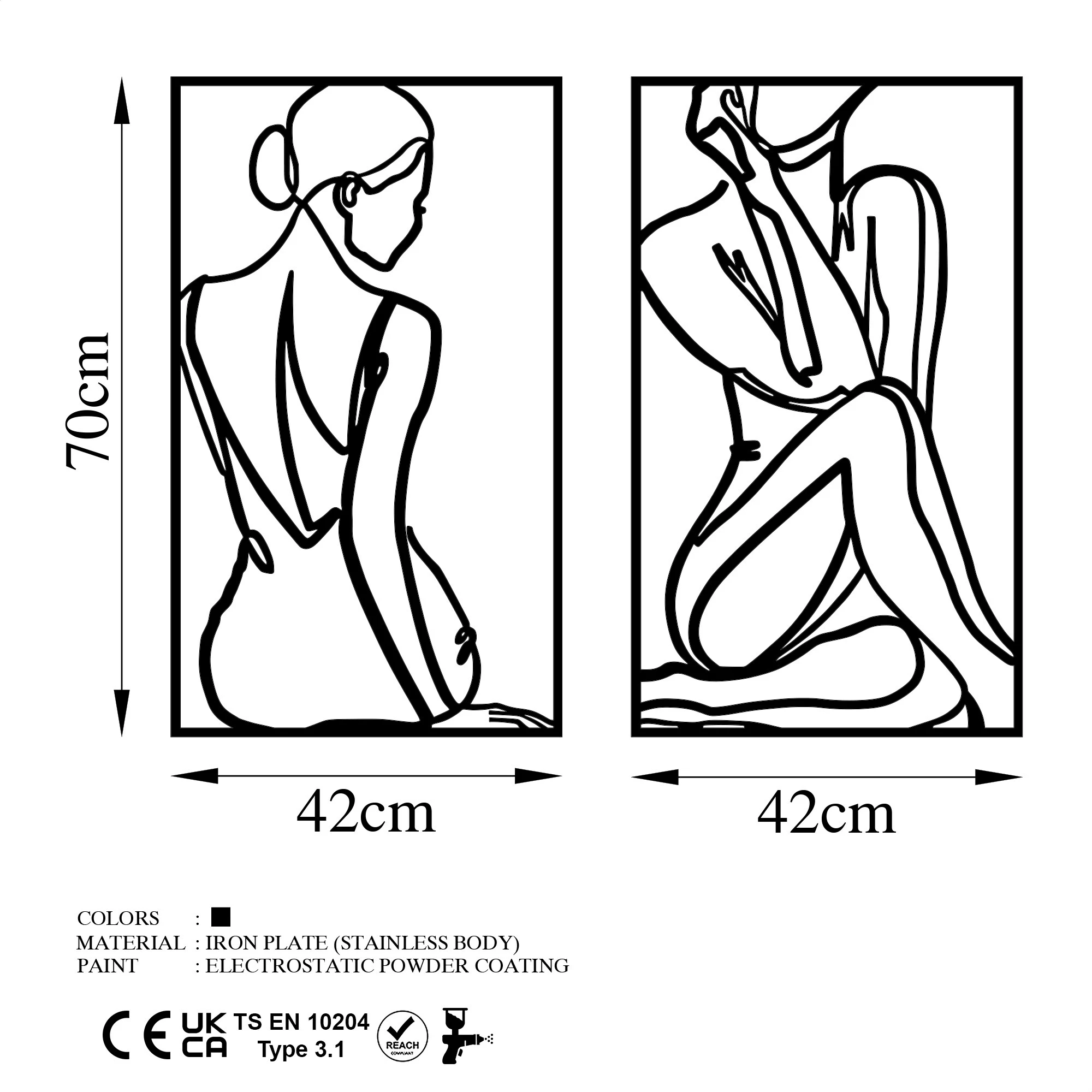 Aksesor dekorativ metalik për mur, trup femre minimalist, 2 copë