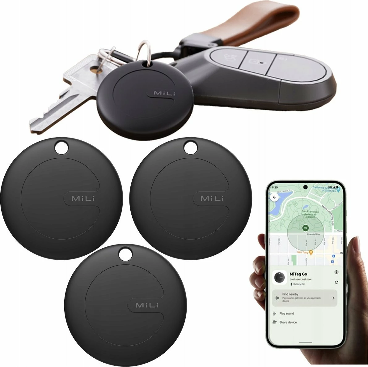 GPS lokator MiLi MiTag MiLi, IPX67, kompatibil me Google "Find My Device", set 3 copë, i zi
