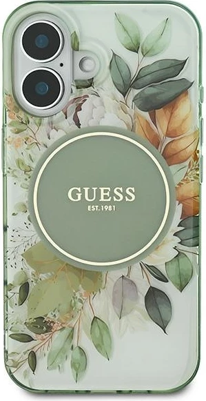 Mbështjellës Guess IML Flower & Tonal Circle MagSafe për iPhone 16 Plus, Gjelbër