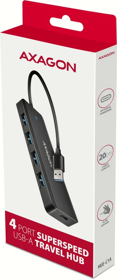 Kasë AXAGON HUE-C1A, 4 porta USB 5Gbps, USB-C Power IN, 19cm kabllo, E zezë