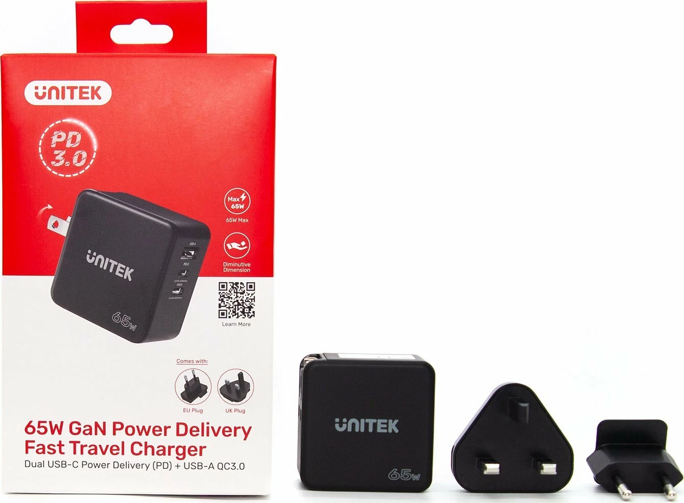 Karikues rrjeti Unitek P1117B GaN PD 65W 1x USB-A + 2x USB-C, 3.25A, i zi, set me adaptera EU/UK