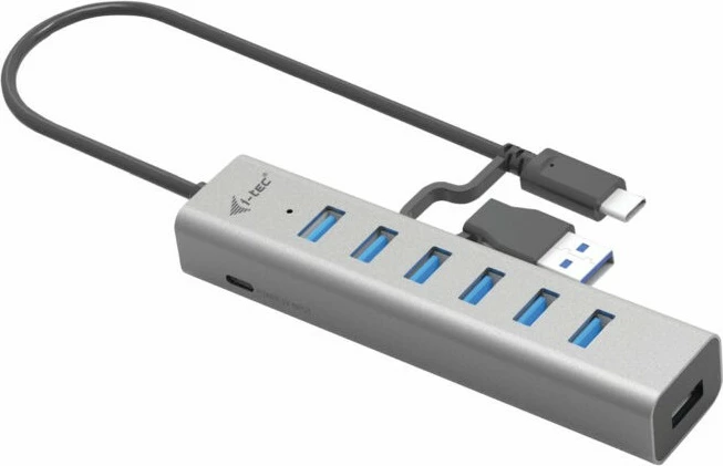 USB HUB I-Tec 7 porta, USB 3.2 Gen 1, 5000 Mbit/s, metalik, 0.3m, gri