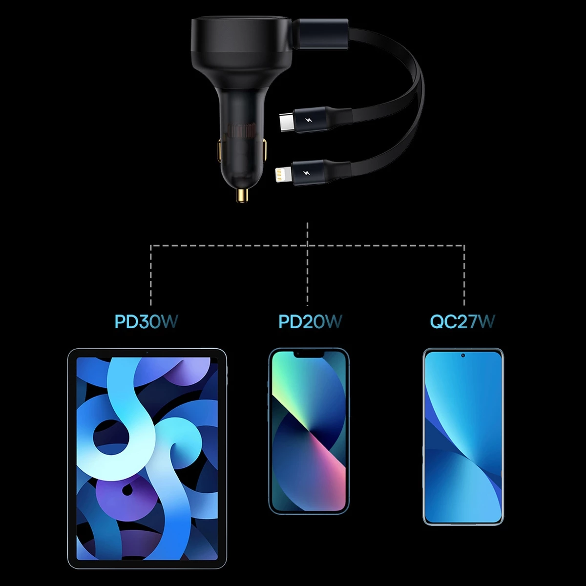 Karikues veture Baseus Enjoyment 2in1, 30W, me kabllo USB-C dhe Lightning, i zi