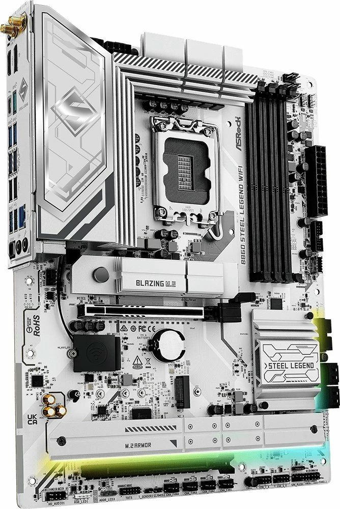 Pllakë amë ASRock B860 Steel Legend WiFi, ATX, DDR5 deri 256GB, Wi‑Fi 7, Bluetooth, 2.5GbE, e bardhë/argjendtë, set me 2 antena WiFi + 2 kabllo SATA