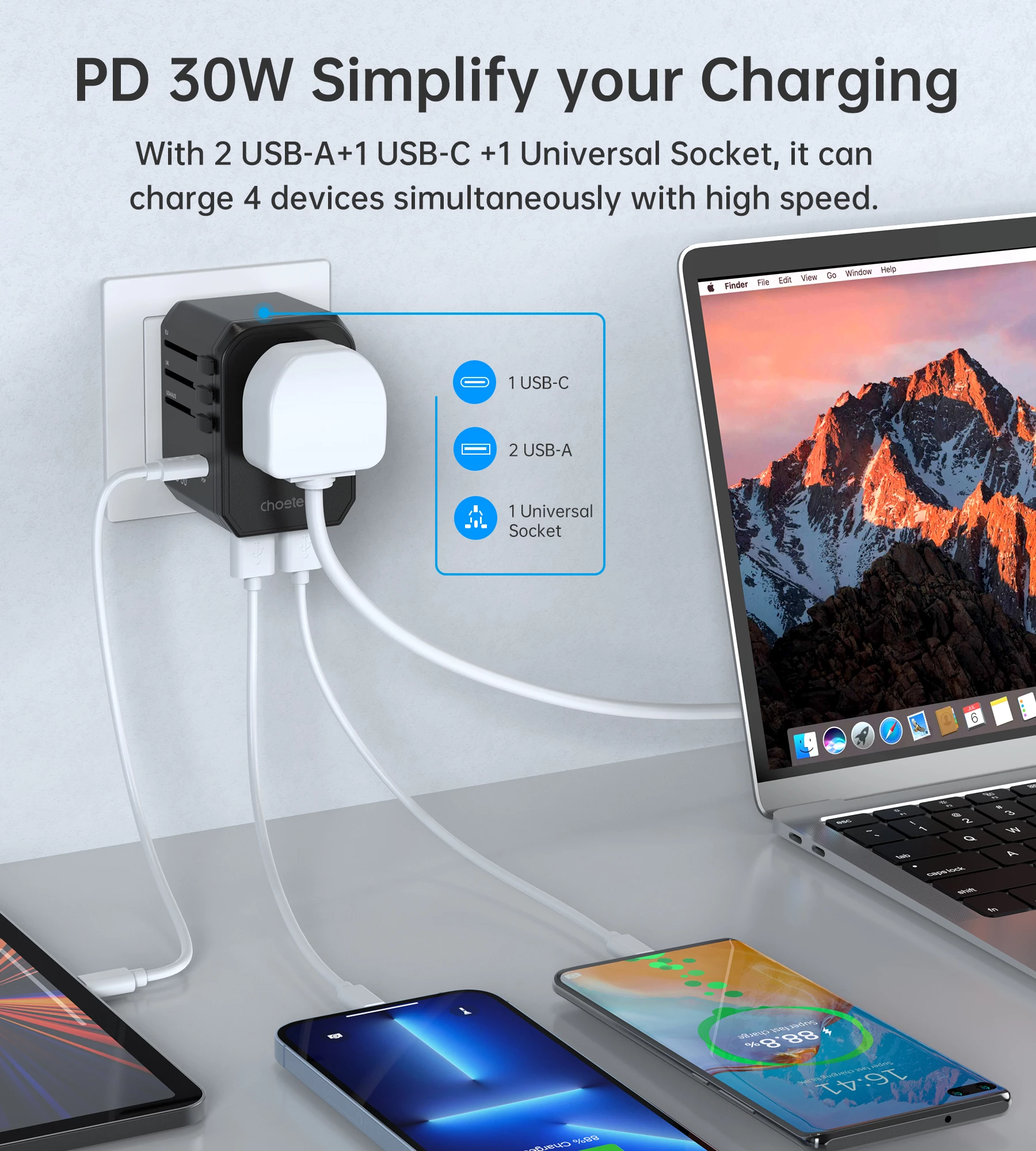 Karikues udhëtimi Choetech PD6041, 30W, 3 porta USB-C/USB-A, 4 priza ndërkombëtare, Zi