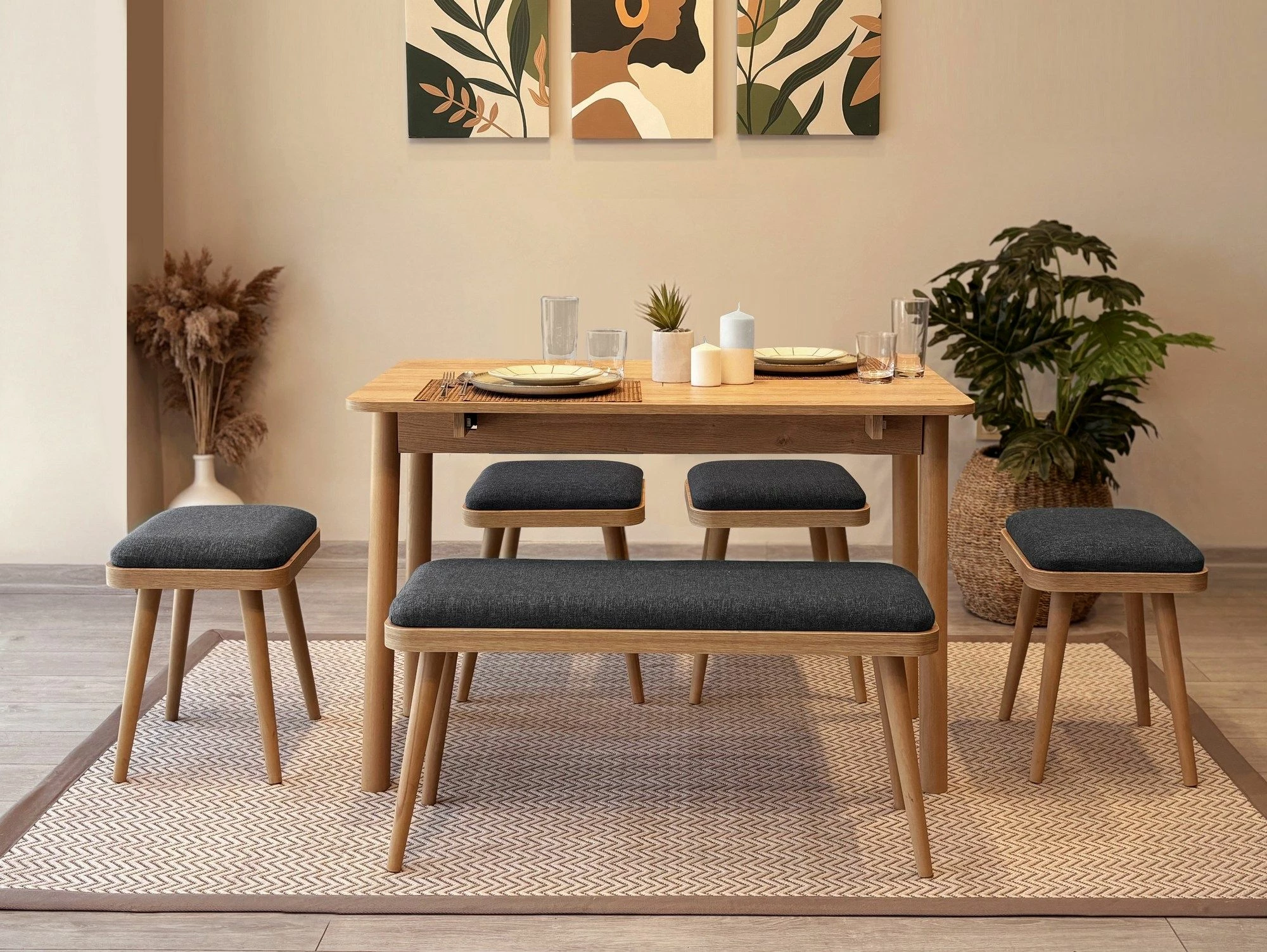 Tavolinë me karrige, set 6 pjesësh, ngjyrë lis dhe antracit, Vina Mini 06 1053