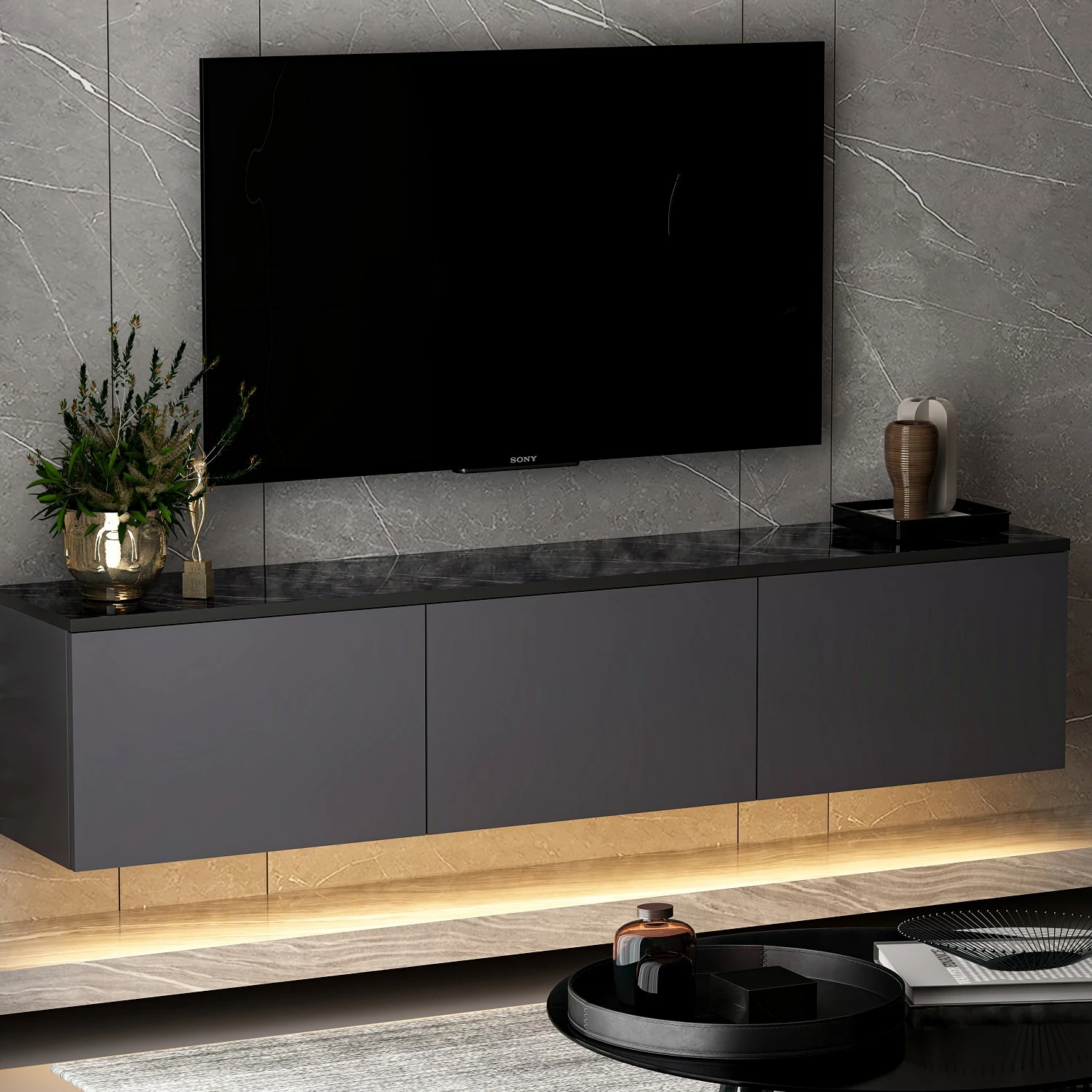 Komodë TV me ndriçim neon, ngjyrë antracit, Skye Decor