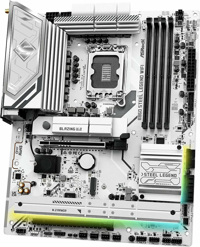Pllakë amë ASRock B860 Steel Legend WiFi, ATX, DDR5 deri 256GB, Wi‑Fi 7, Bluetooth, 2.5GbE, e bardhë/argjendtë, set me 2 antena WiFi + 2 kabllo SATA