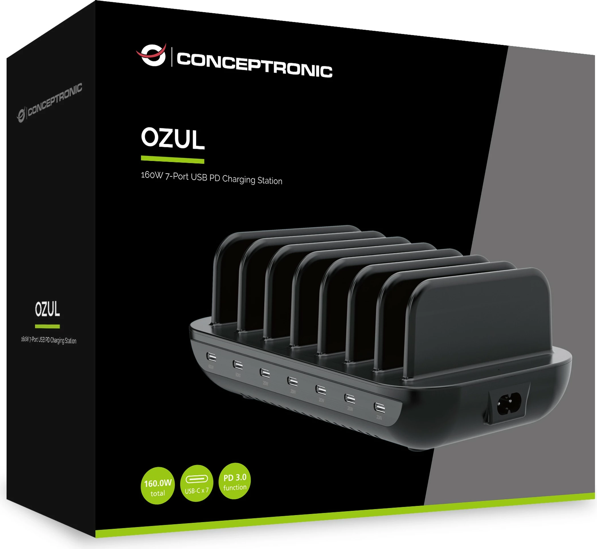 Karikues shumëportësh Conceptronic 7xUSB-C 160W, i zi