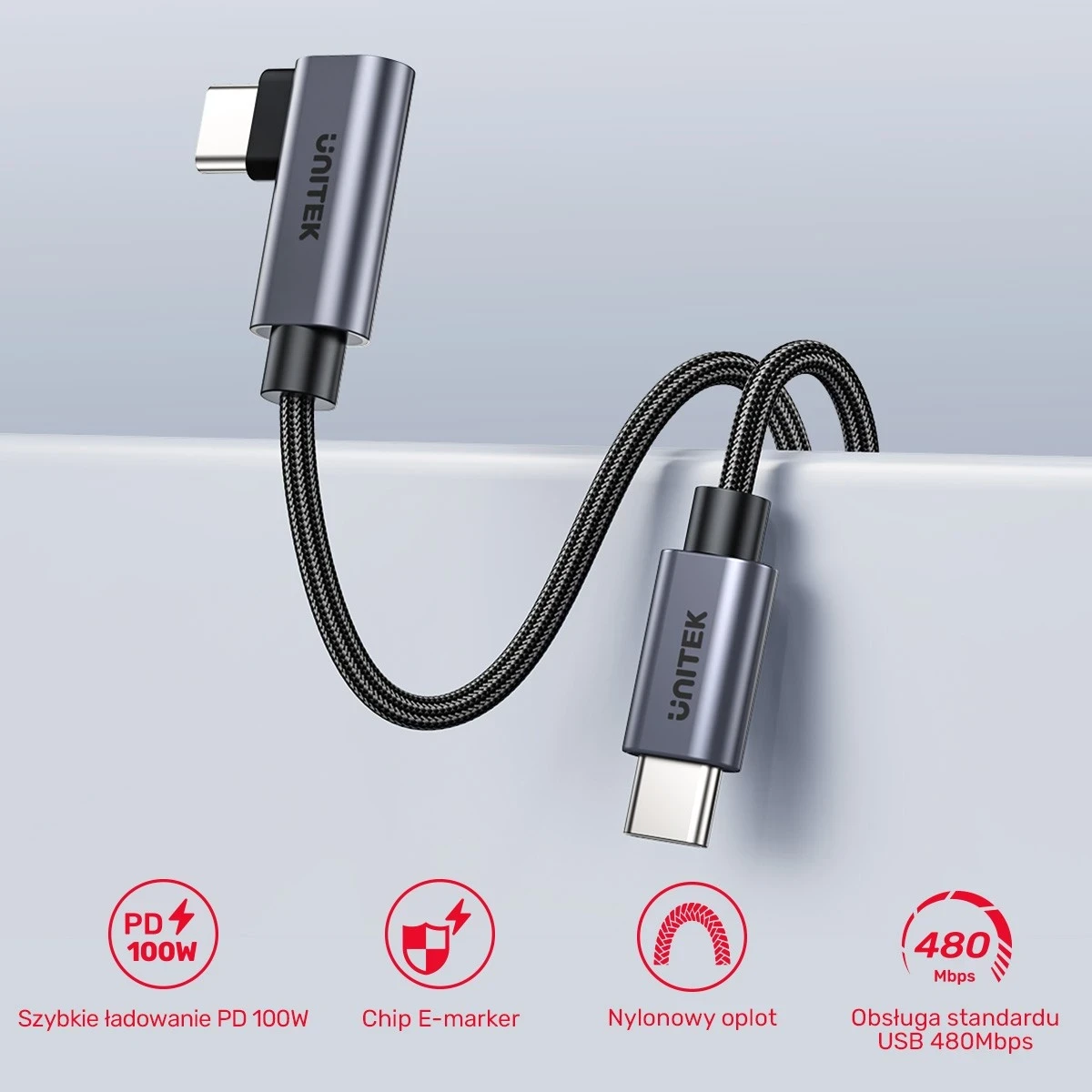 Kabëll USB-C Unitek, 90° PD100W, 1m, zi-gri