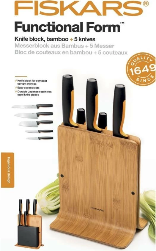 Set thika Fiskars 1057552 me bllok bambuje, 5 copë, e zezë/portokalli