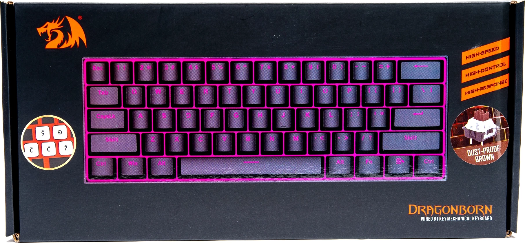 Tastierë mekanike gaming Redragon Dragonborn K630 60% (61 taste), switch Brown, USB-C me kabllo të çmontueshme, ndriçim njëngjyrësh rozë, SLO/CRO, e zezë, set me kabllo & vegël
