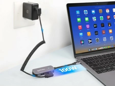 Adapter USB-C në HDMI MANHATTAN 3-në-1 Docking Konverter, gri
