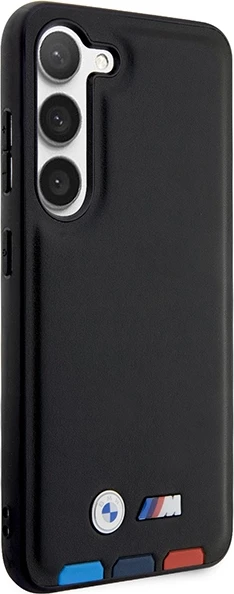Mbështjellës BMW Leather Stamp Tricolor për Samsung Galaxy S23+, lëkurë, e zezë