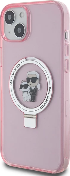 Mbështjellës Karl Lagerfeld KLHMP15SHMRSKCP për iPhone 15 6.1", me ring stand, MagSafe, rozë